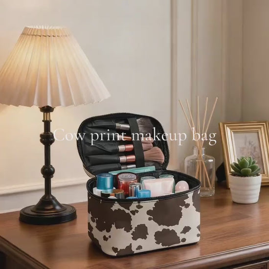 Cow print portable vanity makeup case demo video