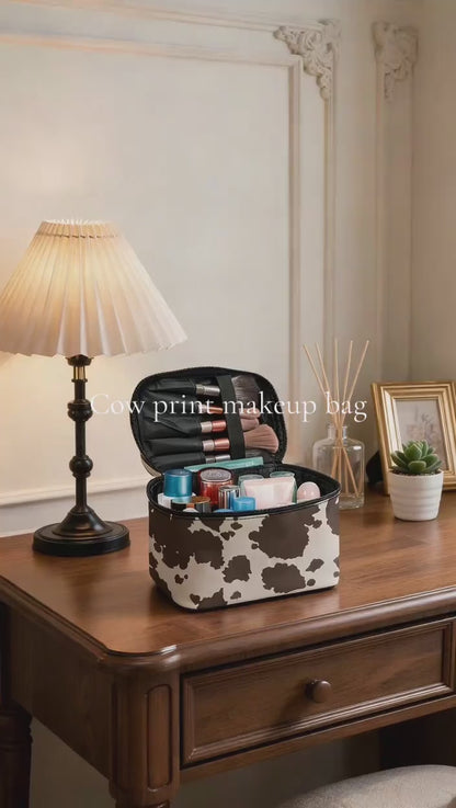 Cow print portable vanity makeup case demo video