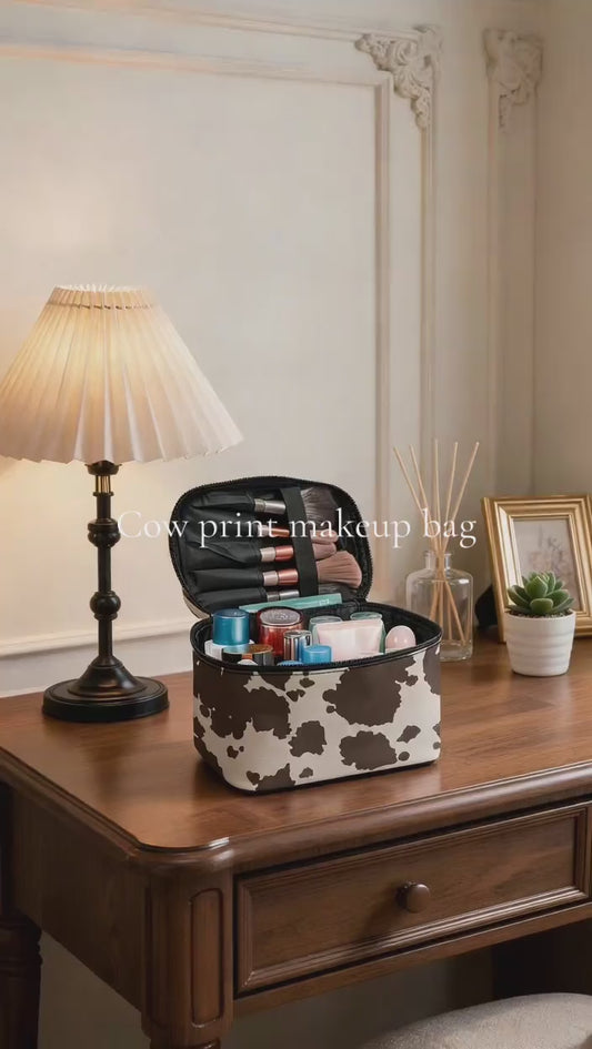 Cow print portable vanity makeup case demo video